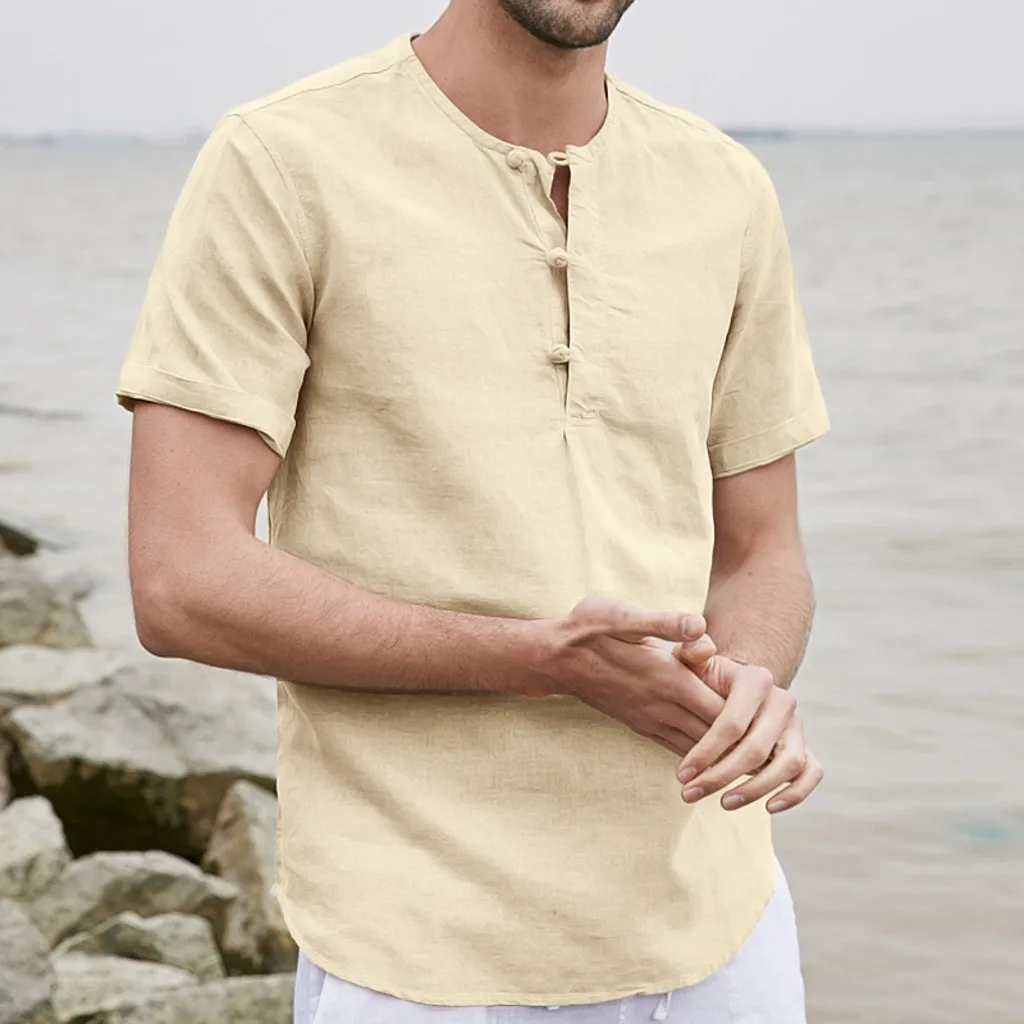 

Summer Baggy Cotton Linen shirts men Casual Short sleeve shirt Button Solid Short Sleeve O-Neck Blouses Tops Camiseta hombre