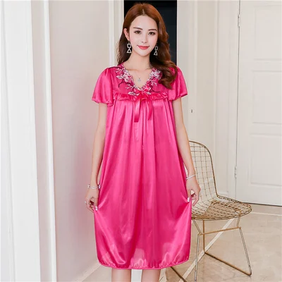 0763 rose Red Летняя женская ночная рубашка, новинка, с коротким рукавом, v-образный вырез, сексуальная, шелк, ночная рубашка, свободный, большой размер, имитация шелка, ночная рубашка, для дома - Цвет: 0763 rose Red