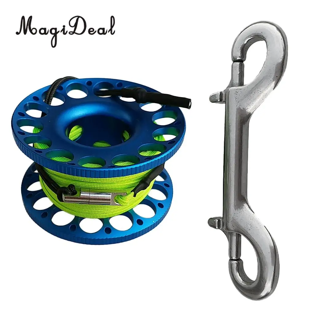 Scuba Diving Aluminum Alloy Spool Finger Reel with Stainless Steel Bolt Snap Hook SMB Safe Equipment - 30m High Visibility Line