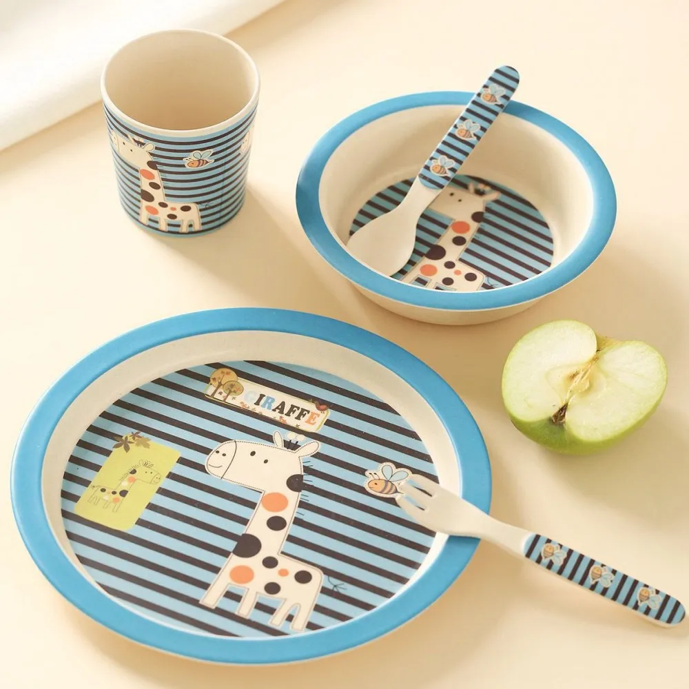5 шт./компл. персонаж детская тарелка чашки декоративные вилки ложка посуда набор для кормления, бамбуковое волокно детский набор посуды для детей