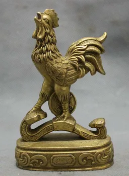 

Chinese Pure Brass Zodiac JiXiang Wealth Coin Cock Rooster On RuYi Animal Statue