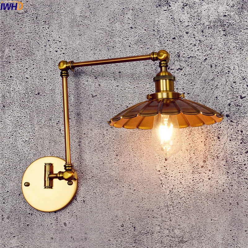 

IWHD Loft Antique LED Wall Light Edison Copper Swing long Arm Wall Lamp Vintage Industrial Sconce Appliques Pared Wandlamp