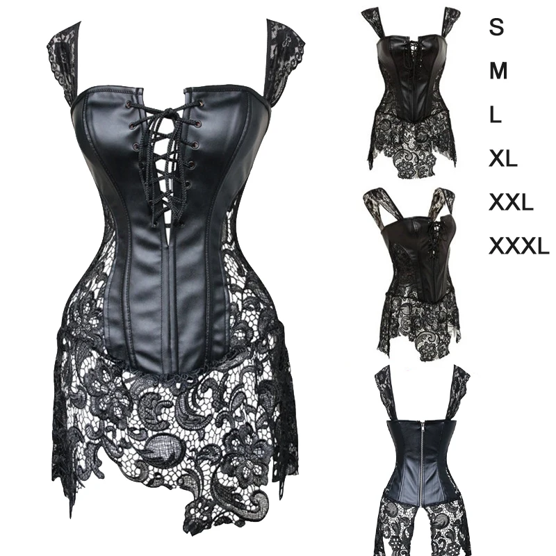 

Sexy Black PVC Steampunk Corset Overbust Top Lace Embroidery Zipper Dress Vinyl Leather Lingerie Corselet Bustiers Plus Size 3XL