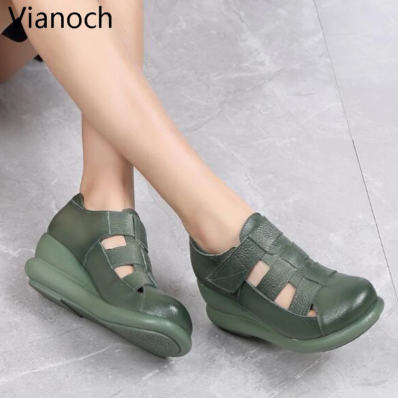 

2019 New Fashion Women Sandals Genuine Leather Shoes Summer Wedges Shoe Woman Size 40 wo19009