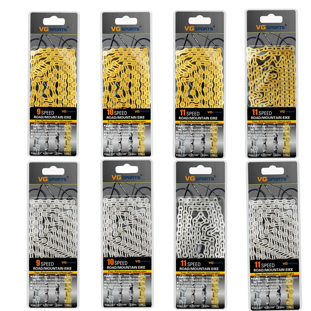 

2019 Hot New 9 10 11 speed Bicycle chain silver bike chain half full hollow mountain road bike chains 9/10/11S ultralight 116L