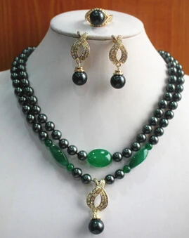 

Free shipping ddh001238 New Fashion 8mm 2 Rows Black Shell Pearl Necklace Earring Ring Jewelry Set