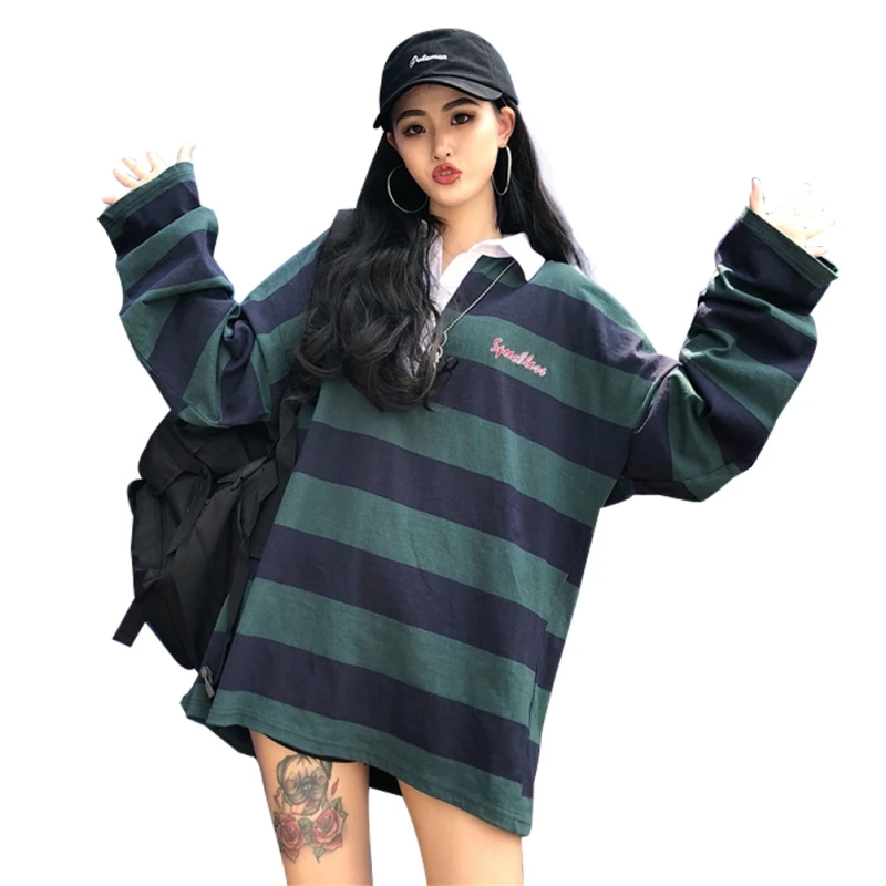 Best T shirt Women Casual Long Sleeve Turn down Collar Womens Clothing Fashion Striped T shirt Brand Letter Print Streetwear Tshirt