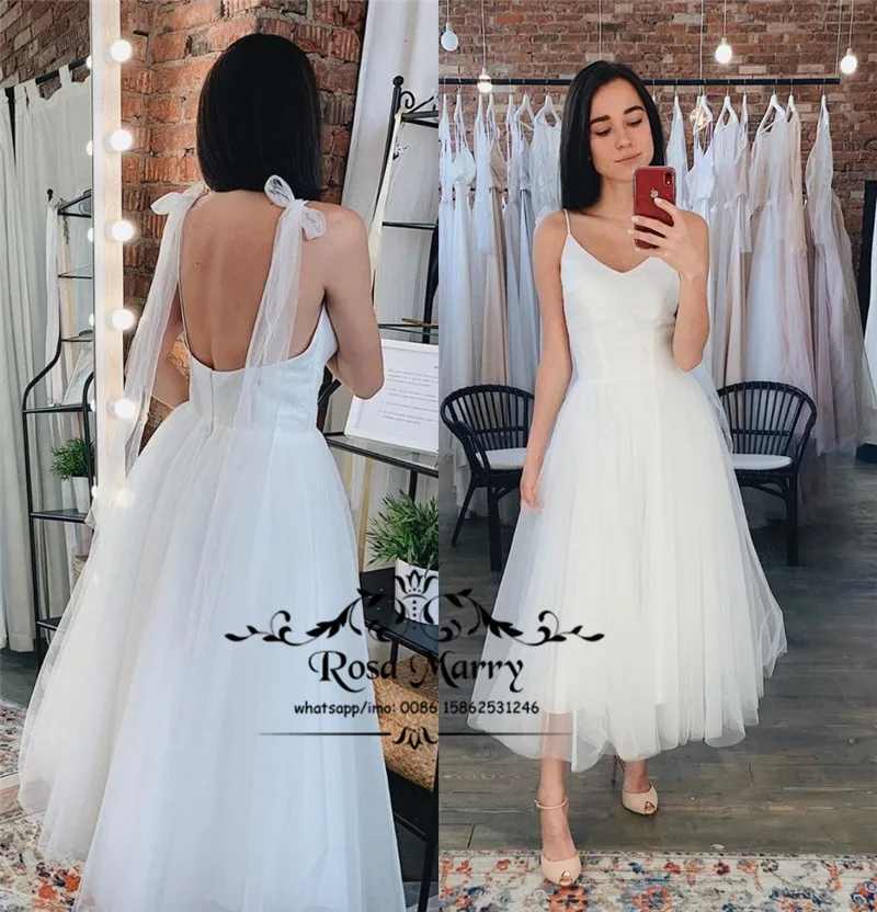 

Sexy White Backless Cheap Short Wedding Dresses 2019 A Line Plus Size Tea Length Boho Simple Vestido De Novia Bridal Gowns