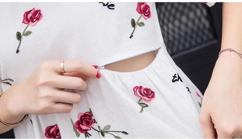 Cotton Pregnant Women Breastfeeding Clothes Summer Embroidery Nursing Dress High Waist Short Sleeve White Maternity Dresses (2)