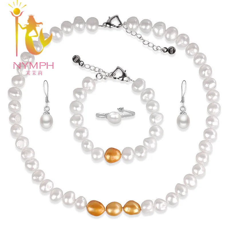 

NYMPH Pearl Jewelry Set Natural Freshwater Pearl Necklace Bracelet Earring Ring Wedding Party For Women [PINK LADY]