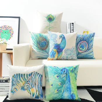 

American style Rural Peacock feather Watercolor Pillow Cover Home Decorative Pillows Linen Pillow Case Office Sofa Cushion Cover