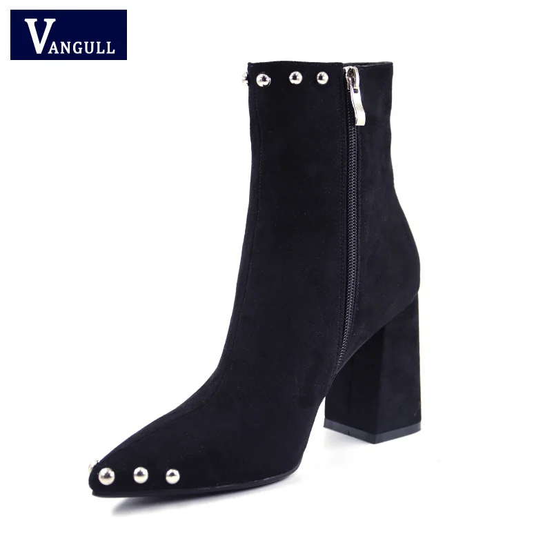 

2018 Autumn Winter New Flock Rivets Boots Women Fashion Zip Black Ankle Boots For Women Ladies Boots High Heels Shoes Woman