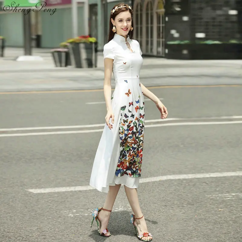 summer vietnam aodai chinese traditional dress qipao long chinese cheongsam dress robe chinoise modern cheongsam Q303