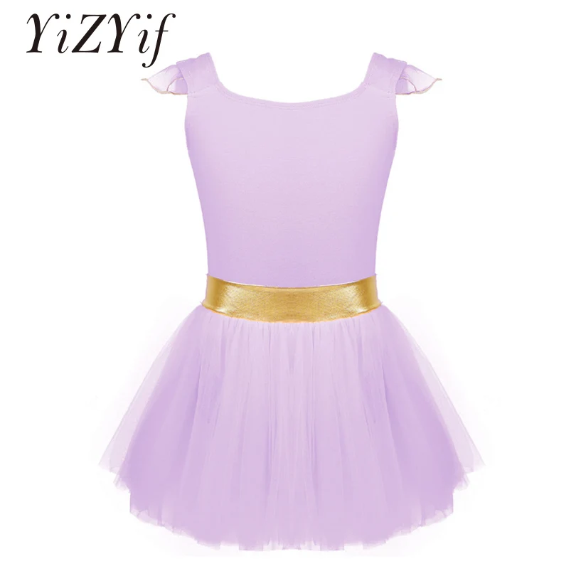 YiZYiF Girls Ballet Tank Skirt Leotards With Tutu Dress Little Mesh Flying Sleeves Gold Waist Gymnastics Leotard Dance | Тематическая