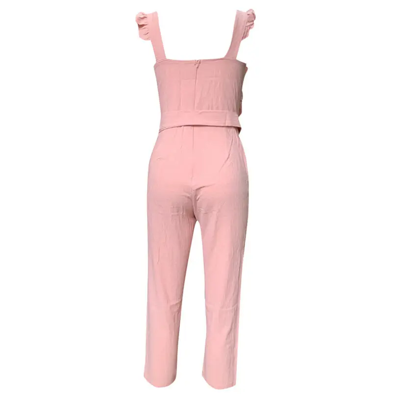 New Women's Summer Fashion Casual Linen Shirred Frill Sleeves Pockets Jumpsuit Ladies Belted Summer Holiday #4A25 (12)