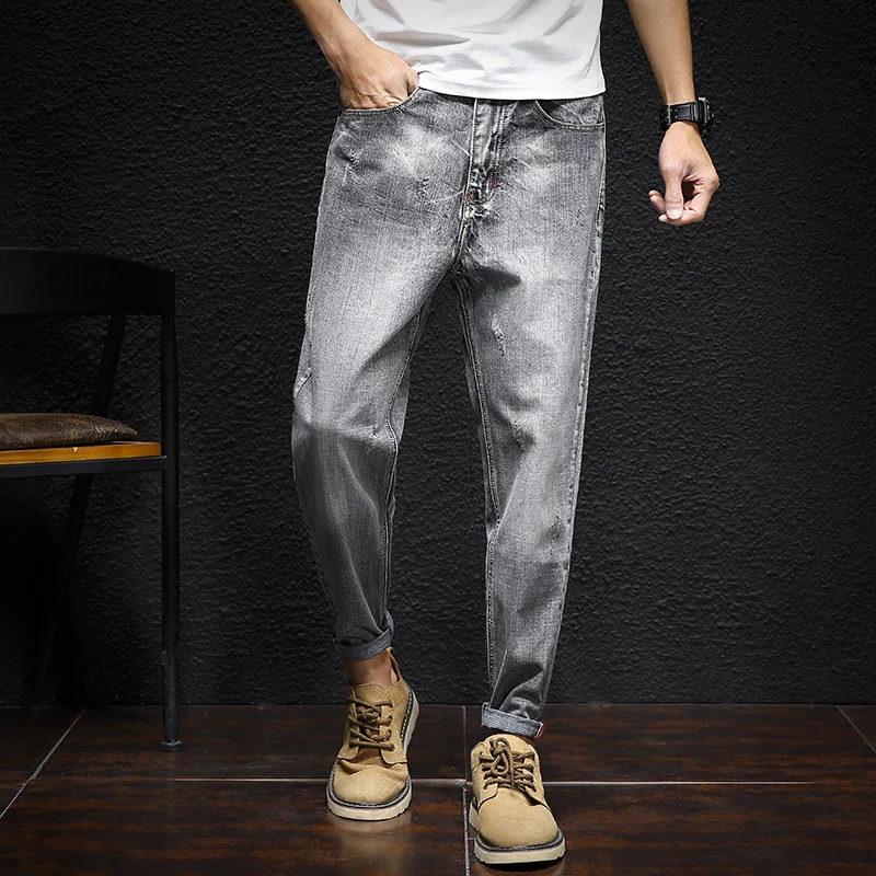 Tsingyi Autumn 4XL Moustache Effect Preppy Style Jeans Men Black Grey Denim Homme Long Length Casual Loose Jogger Mens Trousers 