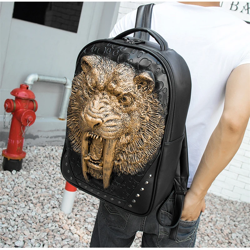 Модный Мужской черный/Золотой/Серебряный ретро кожаный рюкзак с объемным изображением короля льва тигра из искусственной кожи с заклепками, дорожная сумка для ноутбука в стиле панк