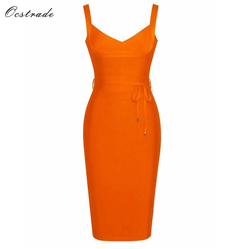 Ocstrade бандажные платья, сексуальная одежда для женщин, новое летнее сексуальное платье с v-образным вырезом и завязкой на талии, Брендовое Новое Бандажное платье, оранжевое облегающее платье