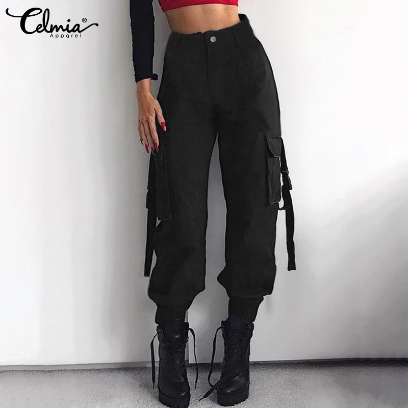 Baratos Celmia 2019 nuevos pantalones de cintura alta para mujeres pantalones sueltos Streetwear pantalones harem damas Cargo pantalones Capris Femme pantalones de talla grande