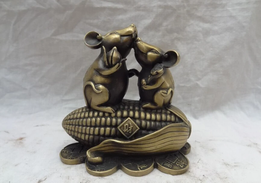

S2366 Chinese Bronze Year Zodiac RuYi Shou Peach 2 Mouse Statue On Coin Cai Maize D0318