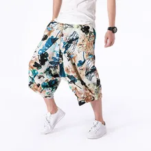 Унисекс свободные брюки-шаровары с заниженным шаговым швом и цветочным принтом, штаны-шаровары с завязками, повседневные свободные штаны, большие размеры
