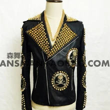 Мужская Новая мода тонкий жакет DJ Мужской Скелет голова заклепки мотоциклетная кожаная куртка размера плюс пальто костюм певица костюмы