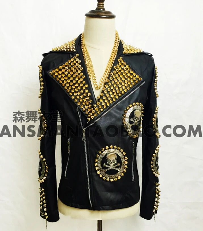 

2019 Men new Fashion slim Jackets DJ male Skeleton head rivet motorcycle leather jacket plus size coat Costume singer costumes