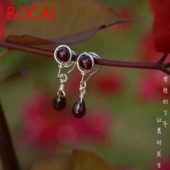 

handmade natural crystal wine, water drop, garnet, sterling silver, female ear free pierced ears, ear studs, earrings