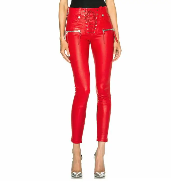 pink leather lace up pants