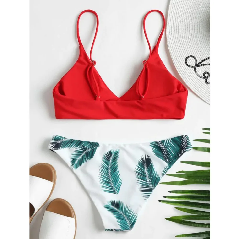 2019 Woman sexy solid color leaf print fresh split swimwear bikini set Brazilian beach swimming push up mujer brasile 40M29 (11)