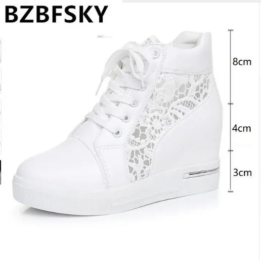 

Women Wedge Platform Rubber Brogue Leather Lace Up High heel 7 cm Shoes Pointed Toe Increasing Creepers White Silver Sneakers