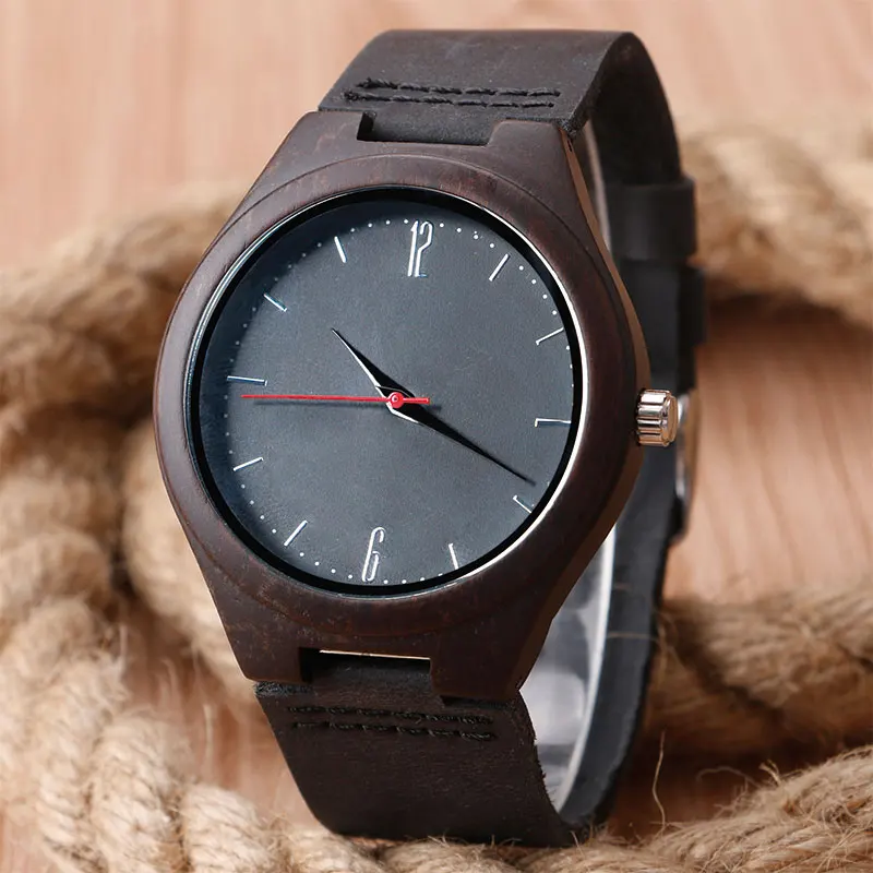 Modern Men Women Minimalist Black Genuine Leather Band Strap Creative Nature Wood Wrist Watch Quartz Analog Fashion