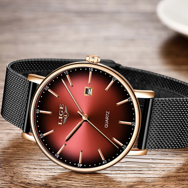 Reloj Hombre LIGE, мужские часы, Модный Топ бренд, роскошные сетчатые стальные красные деловые кварцевые часы, мужские повседневные водонепроницаемые простые часы