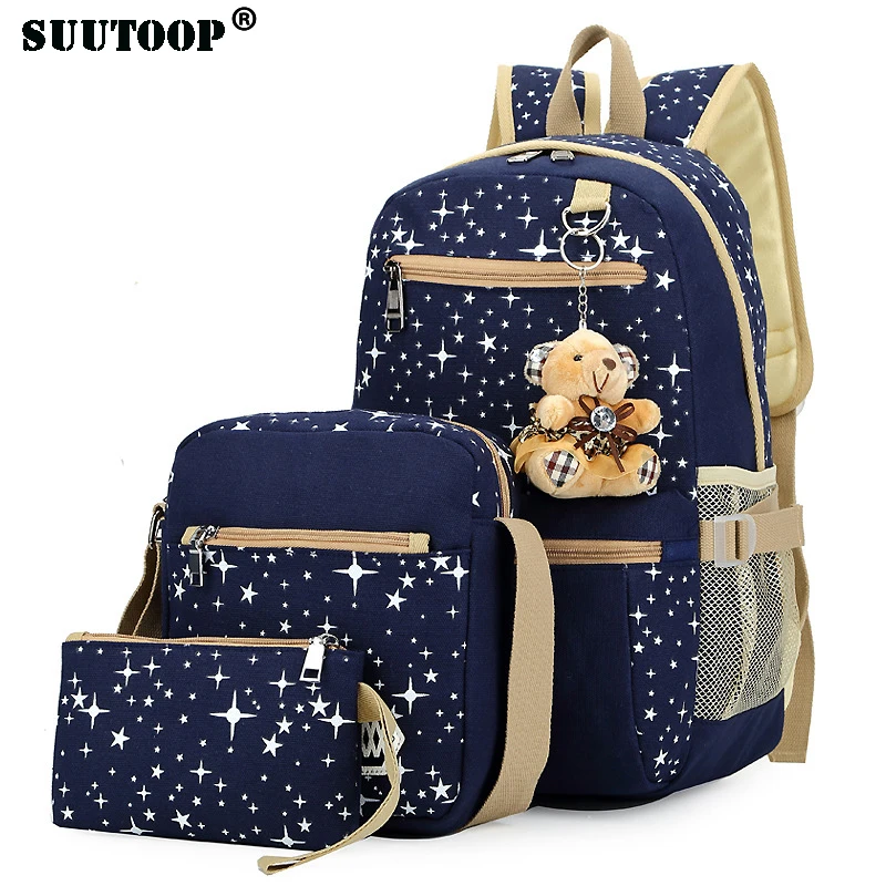 suutoop 3pcs/set backpacks korean women backpack canvas printing preppy