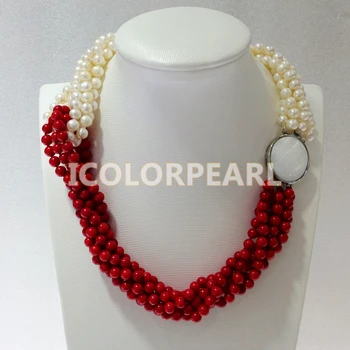 

WEICOLOR 6-Strand 6-7mm White Nearround Natural Freshwater Pearl And Man made Red Coral Necklace.Best for Bridal Jewelry!