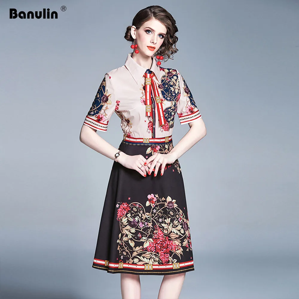 

Banulin Runway Designer Summer Dresses Women's Short Sleeve Bow Tie Stripe Floral Stripe Knee Length Vintage Party Dress