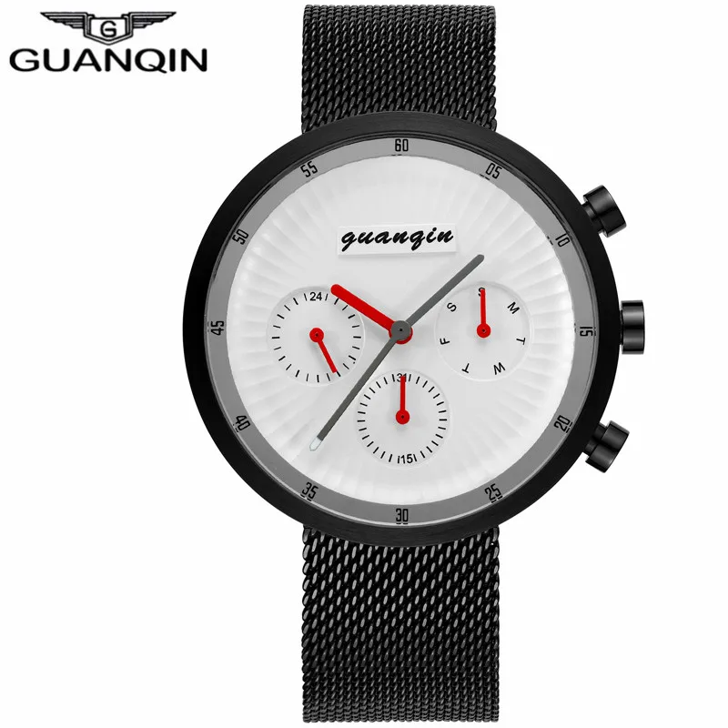 GUANQIN лучший бренд роскошные часы Для мужчин Бизнес сетка ремень часы Человек Спорт Полный Сталь кварцевые наручные часы Relogio Masculino - Цвет: Black White
