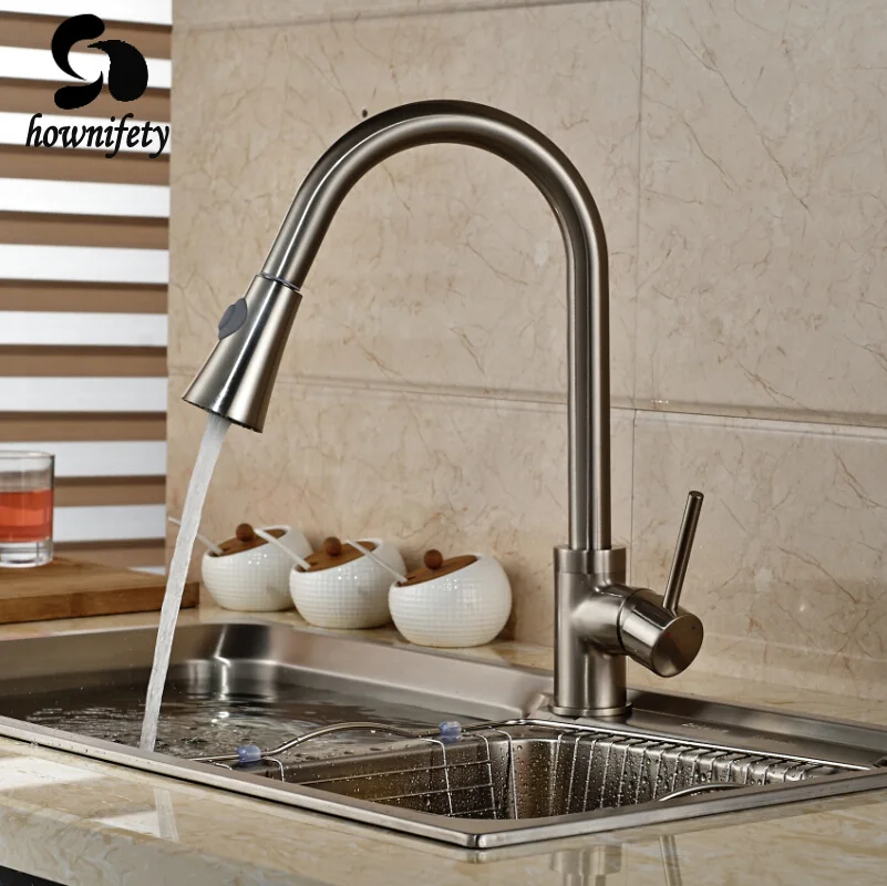 Brushed Nickel Pull Out Spout Swivel Kitchen Sink Mixer Tap Single Handle Deck Mount Faucet