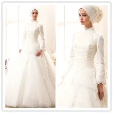 Modern Plus Size Saudi Arabia Long Sleeve Lace Muslim Wedding Dress Hijab High Collar Dubai Muslim Bridal Wedding Gown gelinlik