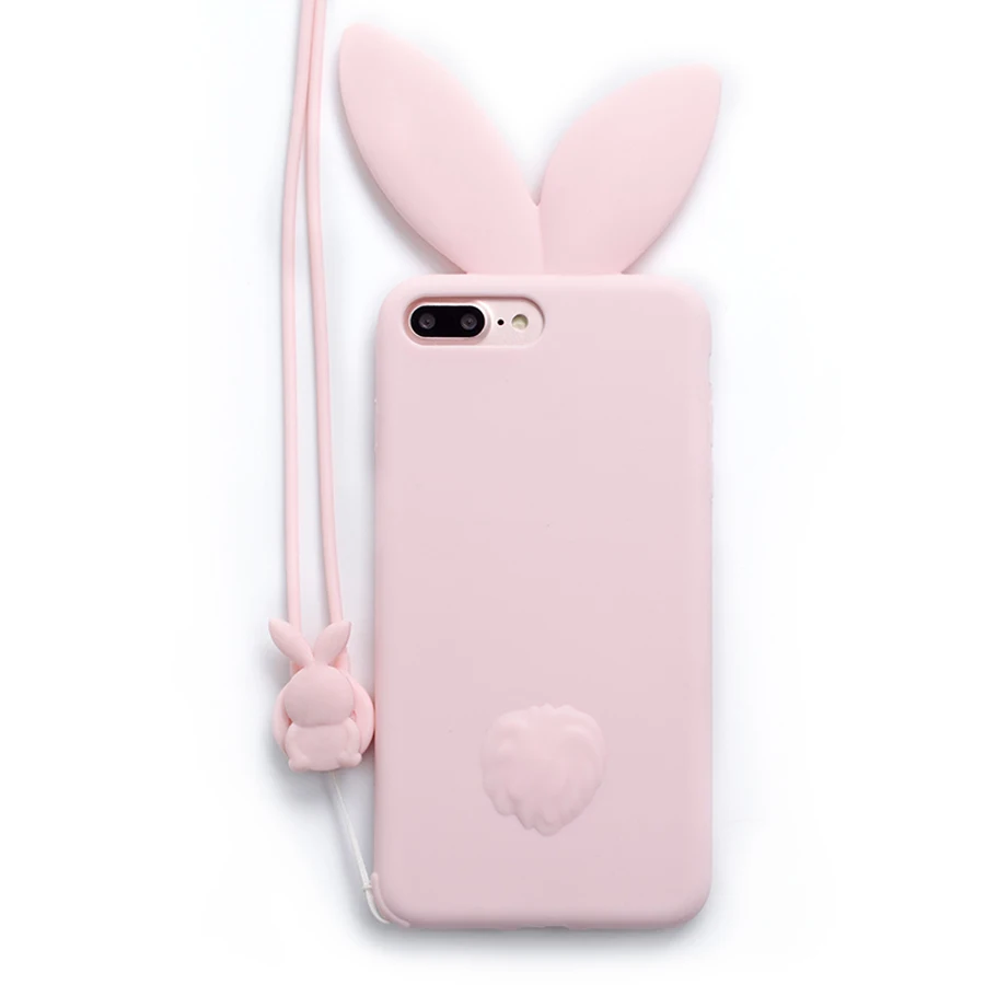 

New Cute Bunny pink Rabbit Ears with rabbit strap soft Silicon phone case Back Cover For Apple iPhone 6 6s plus 7 7plus Capa