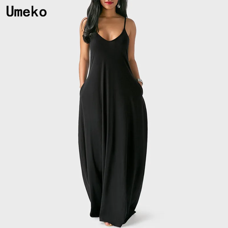 

Maxi Spaghetti Strap Dress Women Stretchy Backless Dresses for Female Solid Color Sleeveless Sexy Black Dress Plus Size 5XL