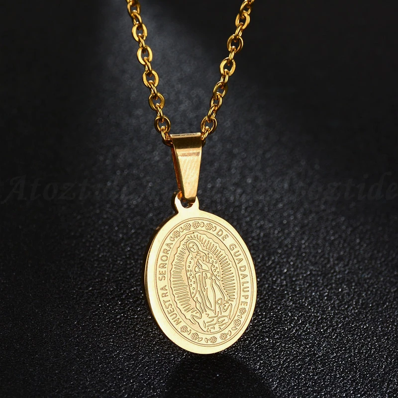 Atoztide женское овальное ожерелье Guadalupe с медальоном из нержавеющей стали золотое серебряное ожерелье с цепочкой Религиозные ювелирные изделия