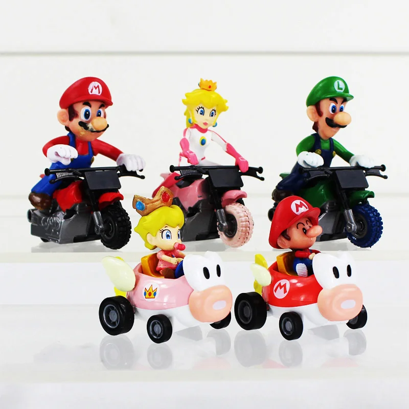 5pcs/lot Super Mario Bros Baby Mario Luigi Princess Peach Kart Pull Back Cars PVC Action Figures Toys Dolls