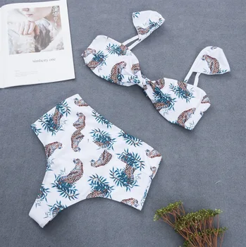 

Print High Waist Bikini Set Bandeau Bikinis Women Push Up Swimwear Ruffle Shoulder Swimsuit Women Beachwear Bathing Suit Biquini