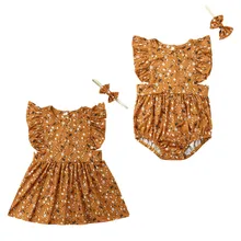 Детский комбинезон с цветочным принтом для маленьких сестер, боди, вечерние платья, летние одинаковые комплекты для семьи