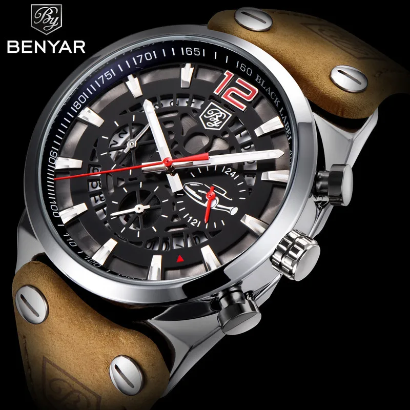 

BENYAR Sport Chronograph Men's Watches Fashion Military Waterproof Leather Luxury Brand Quartz Male Wristwatch Relogio Masculino