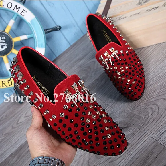 

2017 Newest Fashion Bling Bling Black Leather Red Crystal Spikes Rivets Men Loafers Slip-On Metal Decor Party Shoes Mens