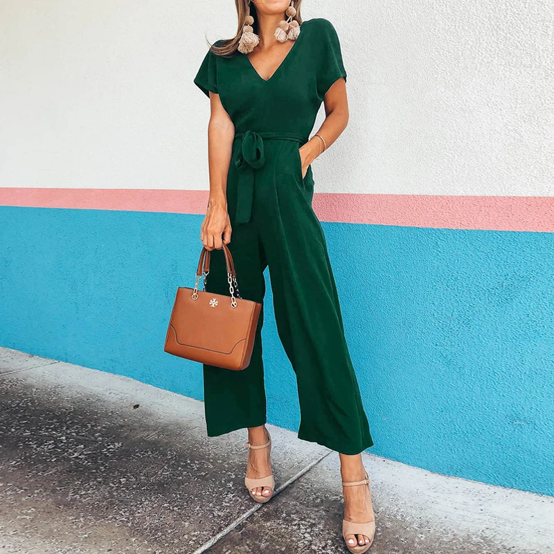 Women Clothes 2019 Office Ladies Solid Colors V Neck Jumpsuit Summer Holiday Casual Short Sleeve Wide Leg Romper Plus Size S-XL Women Clothes 2019 Office Ladies Solid Colors V Neck Jumpsuit Summer Holiday Casual Short Sleeve Wide Leg Romper Plus Size S-XL