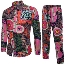 Новое поступление, модный мужской комплект, рубашка+ штаны, хлопок и лен, красивый принт, повседневные рубашки, костюм, однобортный, плюс размер