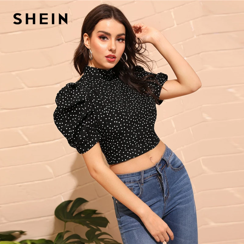 SHEIN, сексуальная черная блузка с воротником-стойкой, пышным рукавом и узлом, открытая спина, Топ в горошек, женская летняя блузка,, облегающие Блузы для улицы